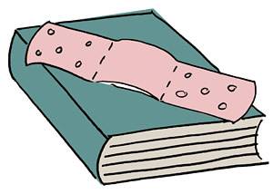 injured book, book band-aid, sad book