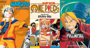 3 covers of 3-in-1 manga volumes for Naruto, One Piece, and Fullmetal Alchemist
