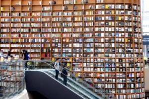 A beautiful wall of books at the newly opened Starfield Library in Seoul, South Korea.