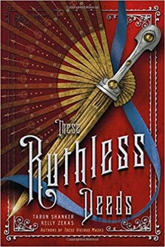 Cover of These Ruthless Deeds. Red background featuring opened fan with knife attachment.