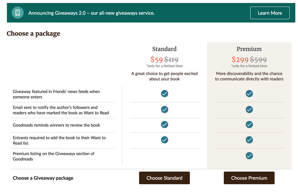 Screenshot of two tiers of goodreads giveaways pricing