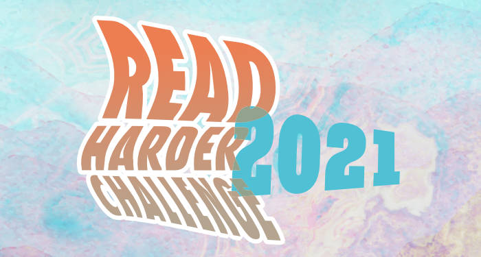 Read Harder Challenge 2021 logo, with a pastel blue and purple background