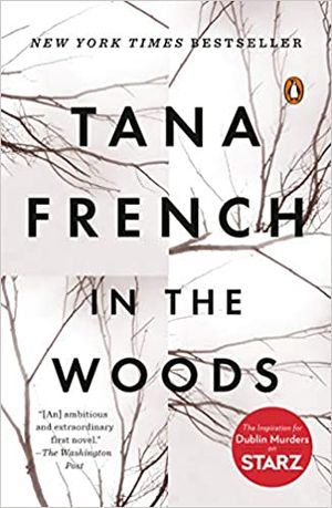 book cover of In the Woods by Tana French; image of bare tree branches against a white background