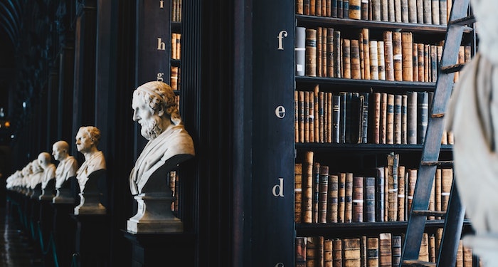 Bookshelves and statue busts for philosophy feature