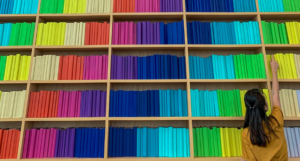 image of bookshelves arrange by color https://unsplash.com/photos/Z7srGedY5xk