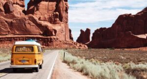 van on road in desert