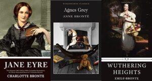 a collage of three book covers by the Bronte sisters: Jane Eyre, Wuthering Heights, and Agnes Grey