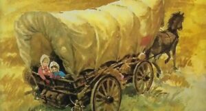 a cropped cover of Little House on the Prairie, showing two girls looking out the back of a horse-drawn covered carriage