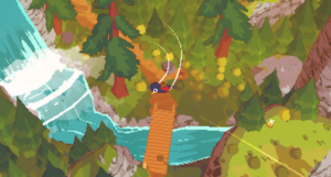 a screenshot from A Short Hike showing a bird character flying over an island