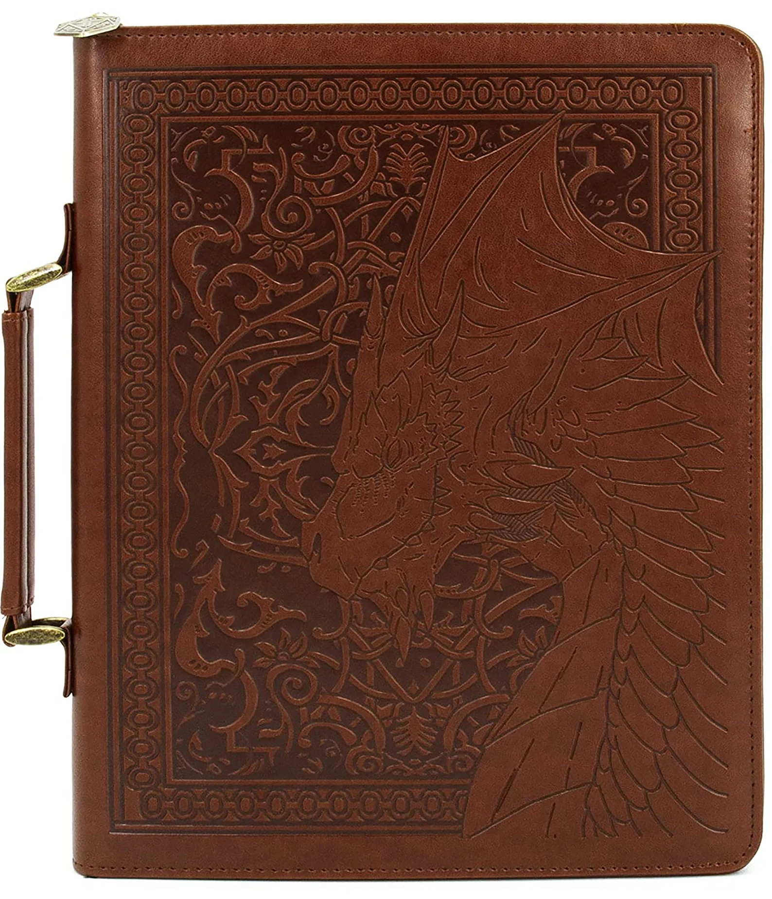 A photo of an 11-inch by 8.5-inch by 1-inch leather carrying case with a leather handle for a Table Top Role Playing Game Rule Book. The front of the book is engraved with the profile of a dragon and swirls. 