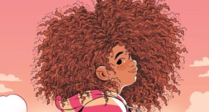 the cropped cover of Frizzy, showing an illustration of a Black girl with a large afro smiling