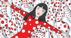 the cropped cover of Kusama, showing an illustration of Yayoi Kusami laying surrounded by red dots