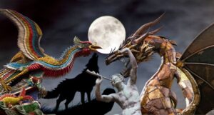 images of a phoenix, werewolf, faun, and dragon imposed over an image of the moon in a dark grey sky