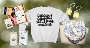 collage of gift for readers, including a pair of gold book earrings, a sweatshirt, a candle, scarf, and gift set