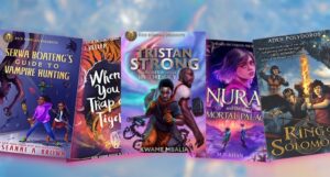 collage of five covers of middle grade books not based on Christian mythology