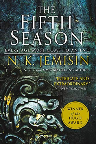 cover of The Fifth Kingdom by N.K. Jemisin; oxidized metal green with a decorative curlicue on the wall