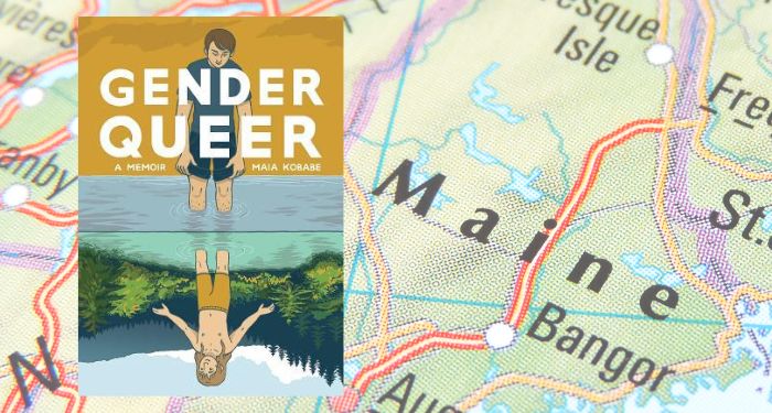 gender queer book cover on map of maine