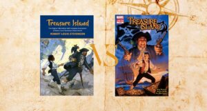 covers of original and comics adaptation versions of Treasure Island next to one another with the letters "vs" between them