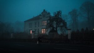 a photo of a creepy house at night surrounded by fog