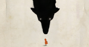 cropped cover of How to Be Eaten showing a large wolf shadow looming over a small girl in a red cape