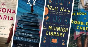 collage of four covers of books that feature librarian characters