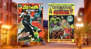 covers of two comics. Batman #237 (December 1971) and Marvel Feature #2 (March 1972) against a blurred background of a street in Rutland, Vermont