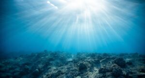 an underwater image of a rocky sea floor in the ocean with sunlight pouring through the water's surface