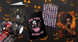 a collage of the Halloween journals and accessories listed
