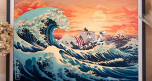 Photo of a print in a frame with a depiction of the Great Wave Of Kanagawa with the One Piece shipping riding the wave.