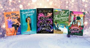 fan collage of five covers of new romance novels from December 2023