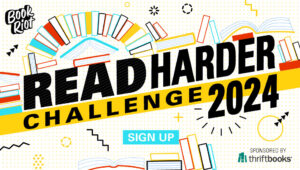 promotional image for Book Riot's 2024 Read Harder challenge. Black text against a cream and yellow polka dotted background with graphics of books surrounding the text