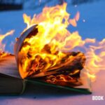 Image of a book on fire with the words "book censorship news" in white