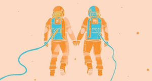 a cropped cover of Jumpnauts showing a pastel illustration of two astronauts holding hands as they float in space