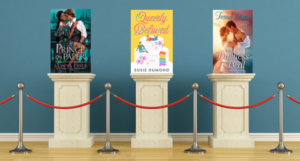 a graphic of three romance novels on pedestals