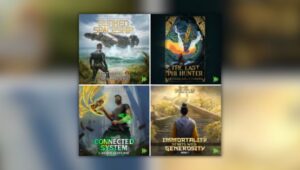 Audio book covers of The Last Phi Hunter by Salinee Goldenberg, Warbreaker's Rise: A LitRPG, Adventure by Troy Osgood, Immortality Starts with Generosity by Plutus, Sunken Spaceship by Anthony Melchiorri