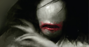 a cropped cover of Nothing But Blackened Teeth, showing an eyeless figure with a bloody mouth