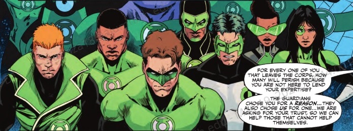 The human Green Lanterns listen with irritation as the United Planets urges them to stay with the Corps despite recent changes in leadership.