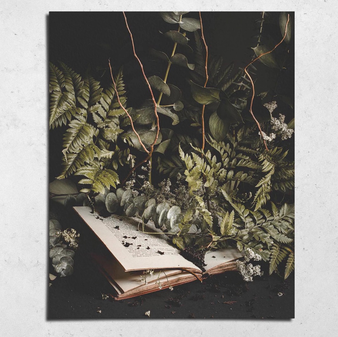 art print of an open book with several pieces of greenery wedged in its pages