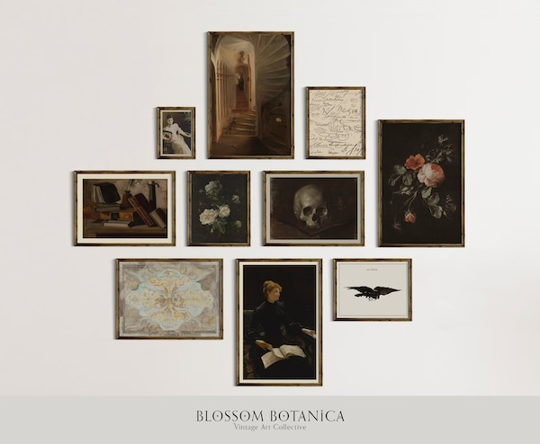a dark academia-themed gallery wall set of 10 prints