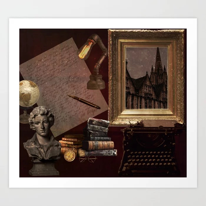 art print in a dark academia theme of a marble bust, a hand-written letter, a fountiain pen, a lamp. a typewriter, and a pile of books