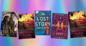 five covers of LGBTQ romantasy books against a rainbow prism background