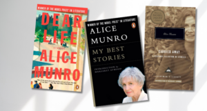 a collage of Alice Munro book covers