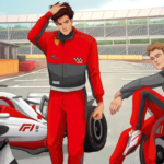 a cropped cover of Pole Position, showing two men with Formula 1 cars, one smiling at the other as he walks away
