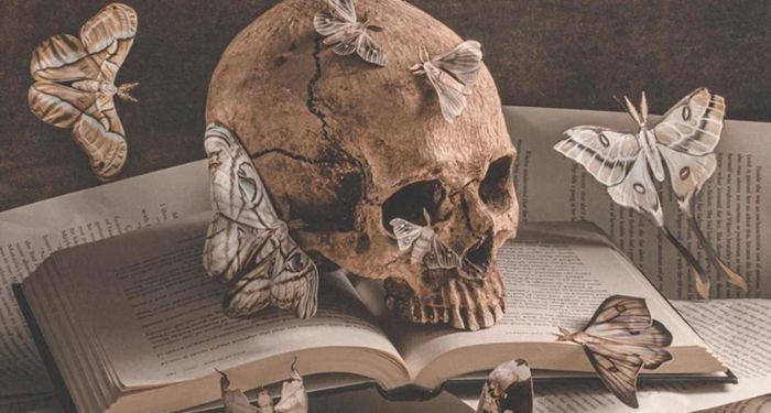 art print showing a skull perched atop multiple open books with several butterflies floating midair