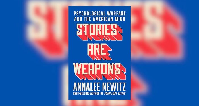 feature image with a blurred background and focused foreground of the book cover for Stories are Weapons by Annalee Newitz