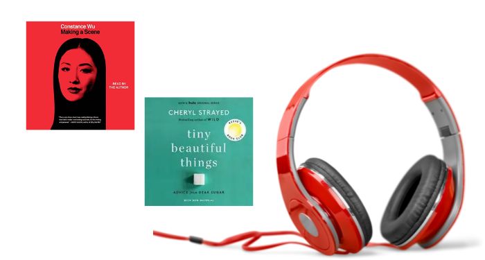 image of red headphones with two audiobook covers beside it