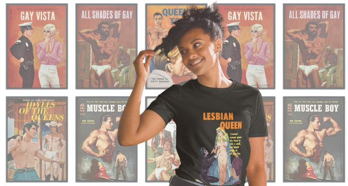 a collage of gay pulp posters and a photo of someone wearing a shirt with the cover of Lesbian Queen on it
