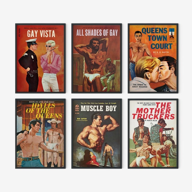 set of six posters of gay pulp covers