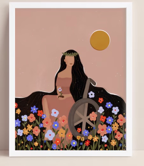 a tan-skinned abstract femme figure in a wheelchair, which sits in a bed of flowers