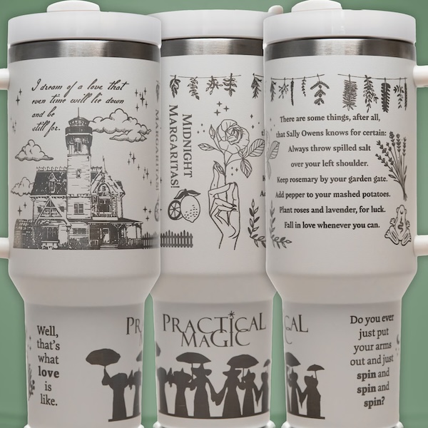 three large white tumblers with grey engraved text and graphics of quotes and scenes from the Practical Magic movie